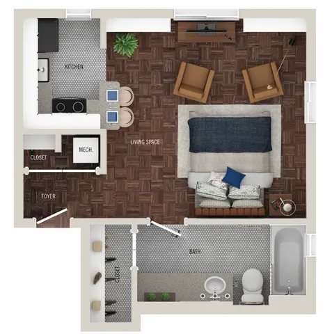 Chic and modern floor plan showcasing open-concept living space with a stylish kitchen, comfortable living area, and a spacious bath, perfect for contemporary living.