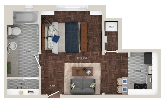 Elegant 2D floor plan showcasing a cozy living space, modern kitchen, comfortable bedroom, and spacious bath area.