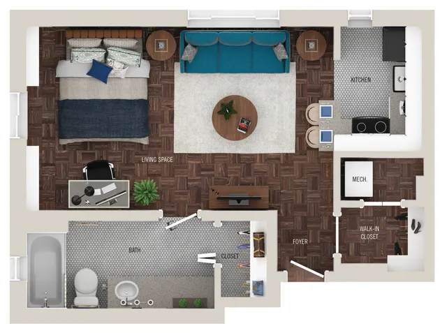 Contemporary 1-bedroom apartment floor plan featuring open living space, sophisticated kitchen, modern bath, and walk-in closet.