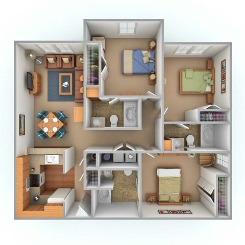 Modern 3D floor plan showcasing 3 spacious bedrooms, an open living area, and a fully equipped kitchen, perfect for comfortable family living.