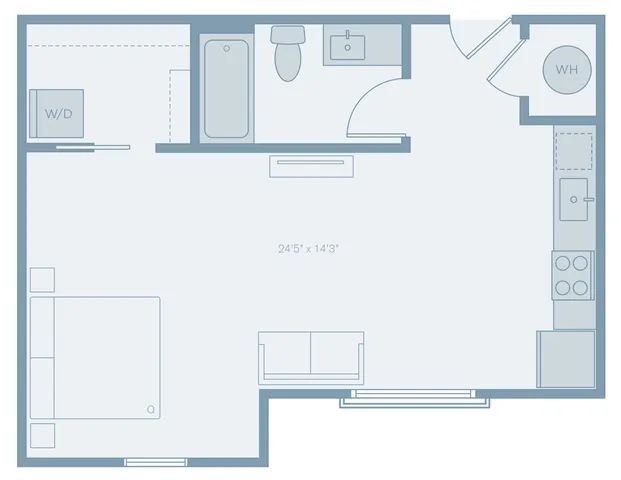 Contemporary studio floor plan featuring a spacious living area, modern kitchen, and bathroom with washer/dryer.