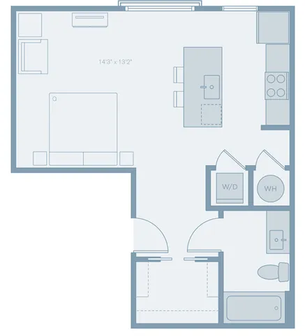 Modern studio floor plan with open-concept layout, featuring a cozy living area, stylish kitchen with island, and in-unit washer/dryer.