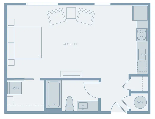 Modern studio apartment floor plan showcasing an open living area with integrated kitchen, spacious bathroom, and in-unit washer/dryer.