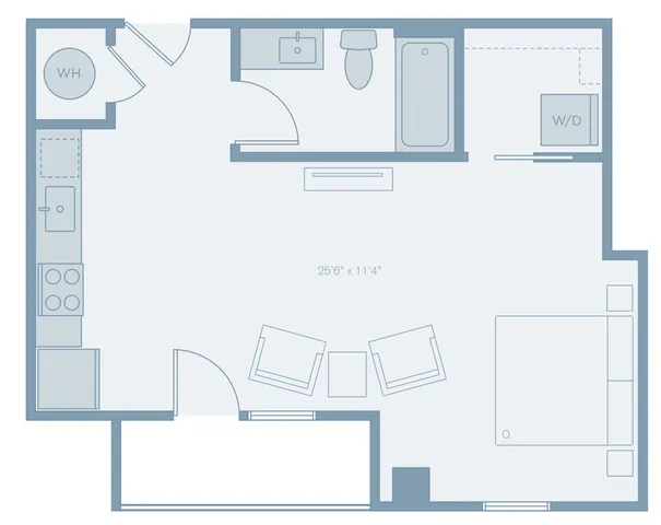 Modern studio apartment floor plan featuring an open living area with kitchenette, cozy sleeping space, and a well-equipped bathroom. Includes in-unit washer/dryer.