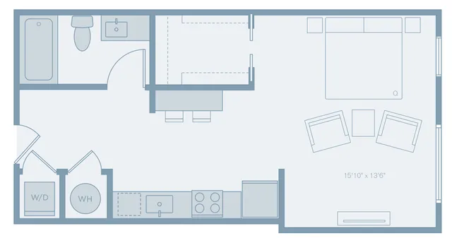 Modern studio apartment floor plan featuring a spacious living and sleeping area, open kitchen, and large bathroom. Includes in-unit washer and dryer.