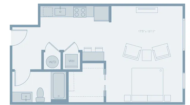 Modern studio floor plan with a spacious living area, open kitchen, and a well-appointed bathroom.