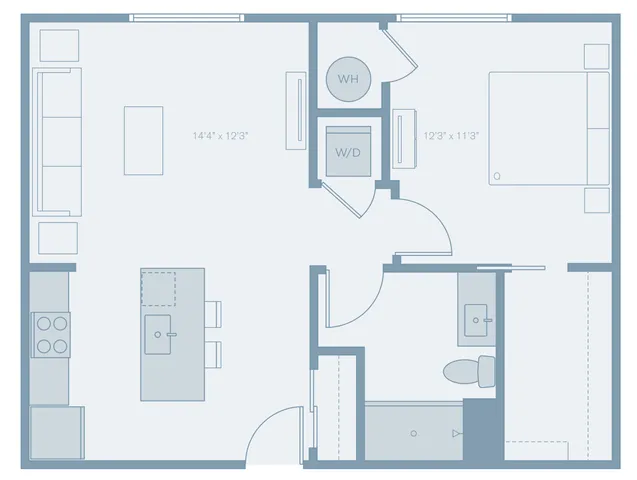 Contemporary floor plan with 1 bedroom, expansive open-concept living and dining area, stylish kitchen, and modern bathroom.
