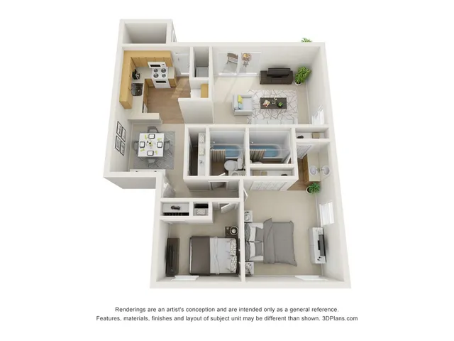 Inviting 3D floor plan showcasing 2 bedrooms, a modern kitchen, and a cozy open-concept living room with a dining area, perfect for contemporary living.