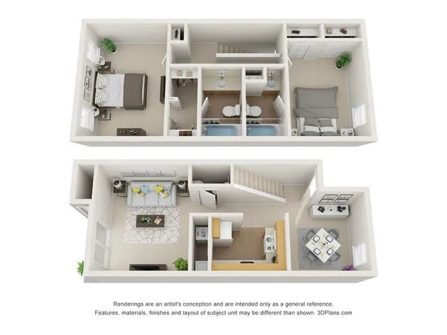 Contemporary multi-level floor plan showcasing 2 spacious bedrooms, elegant living area, modern kitchen, and dining room with stylish decor.