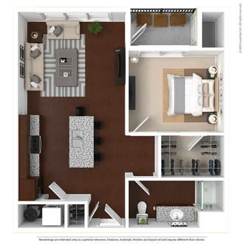 Modern floor plan with a spacious bedroom, stylish living area, and open kitchen featuring a granite island. Includes a cozy balcony and elegant bathroom.