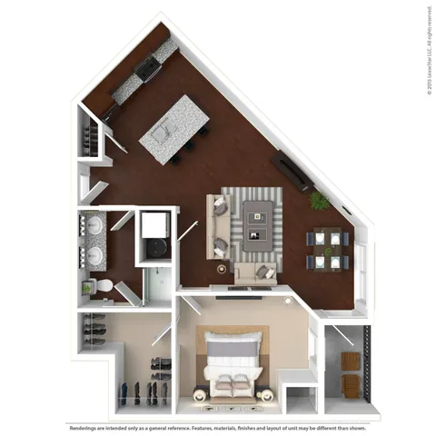 Contemporary 1-bedroom apartment floor plan featuring an open-concept living room, stylish kitchen with island, cozy bedroom, and modern bathroom layout.