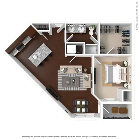 Elegant 3D floor plan showcasing a spacious one-bedroom apartment, featuring an open-concept kitchen with an island, cozy living area, and a luxurious bathroom with double sinks.