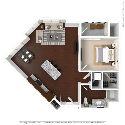 Contemporary 1-bedroom apartment floor plan featuring an open-concept living and dining area, stylish kitchen island, and elegant hardwood floors.