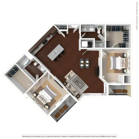Chic 3D floor plan showcasing 2 bedrooms, modern kitchen with island, and elegant living area with balcony access.