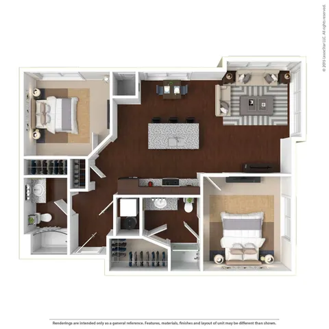 Charming 3D floor plan featuring two spacious bedrooms, modern open-concept living room, sleek kitchen with island, and two well-appointed bathrooms.
