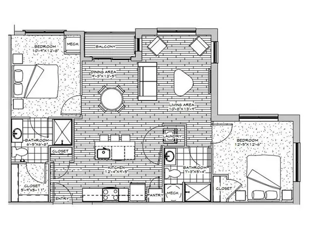 Modern 2D floor plan showcasing 2 bedrooms, open-concept living and dining area, stylish kitchen, and a private balcony.