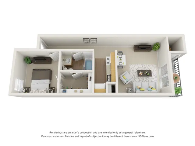 Modern 3D floor plan showcasing a cozy 1-bedroom apartment with a stylish living area, efficient kitchen, and inviting balcony.