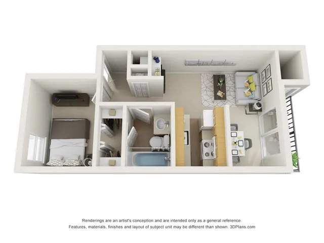 Chic 3D floor plan showcasing a cozy one-bedroom layout with modern living room, fully-equipped kitchen, and elegant bathroom.