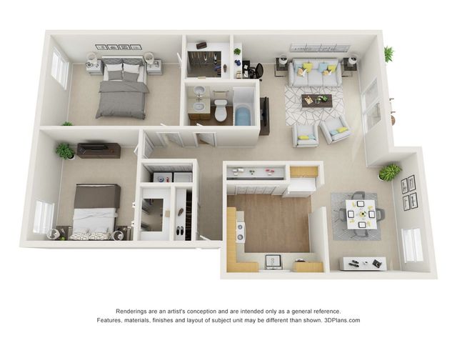 Modern 3D floor plan showcasing two spacious bedrooms, a sleek kitchen, cozy living area, and elegant dining space.