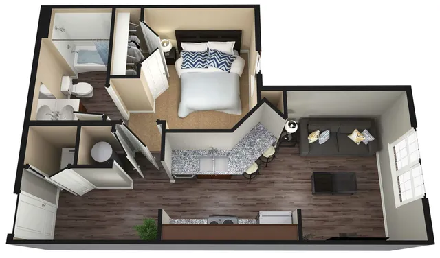 Modern 3D floor plan showcasing a cozy one-bedroom apartment with open kitchen, sleek bathroom, and inviting living area.