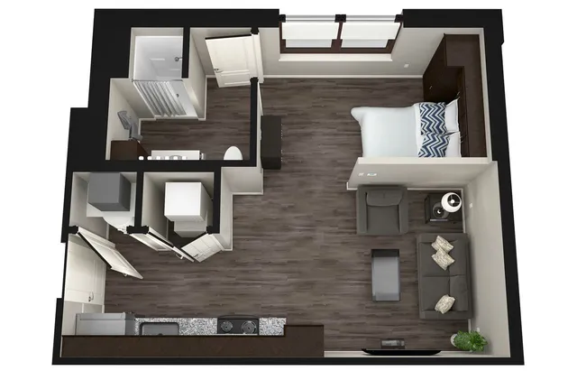 Modern 1-bedroom floor plan with stylish living area, compact kitchen, and elegant bathroom layout.