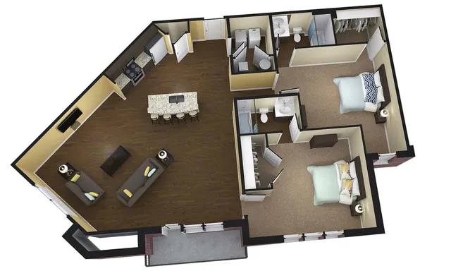 Chic 3D floor plan showcasing 2 cozy bedrooms, modern kitchen with island, elegant living area, and two well-appointed bathrooms.