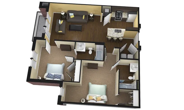 Modern 3D floor plan showcasing a cozy two-bedroom apartment with an open-concept living room, stylish kitchen, and inviting balcony.