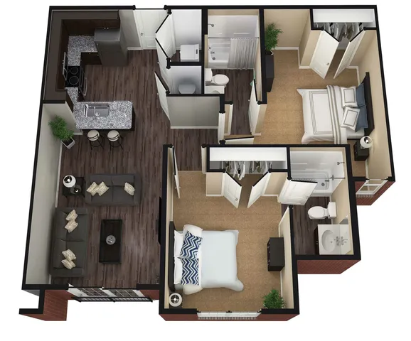 Modern 3D floor plan featuring 2 bedrooms, open-concept kitchen with breakfast bar, cozy living room, and 2 bathrooms.
