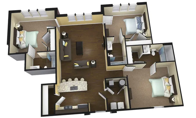 Modern 3D floor plan showcasing 2 cozy bedrooms, inviting open-concept living area, sleek kitchen with breakfast bar, and spacious bathrooms.
