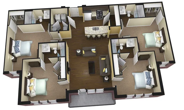 Modern 3D floor plan showcasing 3 cozy bedrooms, an elegant open-concept living room, fully equipped kitchen with breakfast bar, and two sleek bathrooms.