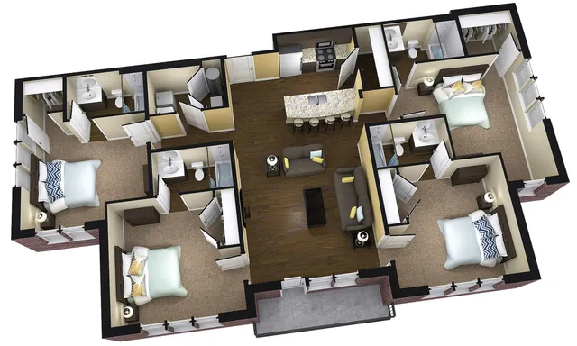 Modern 3-bedroom apartment floor plan showcasing an open-concept living room, stylish kitchen with island seating, and two elegant bathrooms.