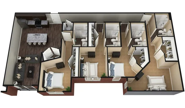 Spacious 3D apartment floor plan showcasing three bedrooms, an elegant open kitchen with an island, and a cozy living area, perfect for modern living.