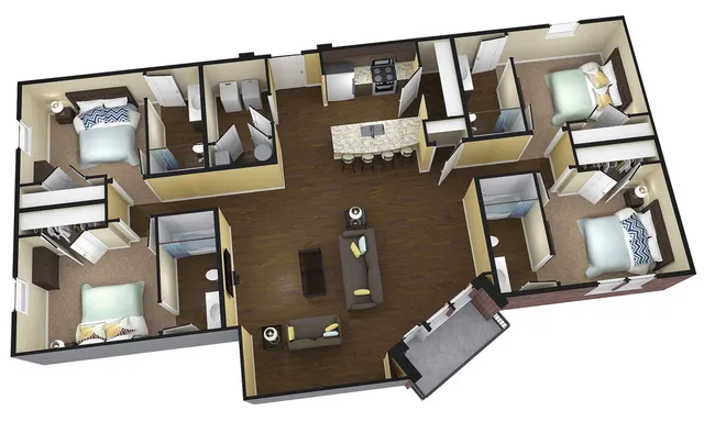 Modern 3D floor plan showcasing three bedrooms, two bathrooms, open kitchen with island seating, and a cozy living area.