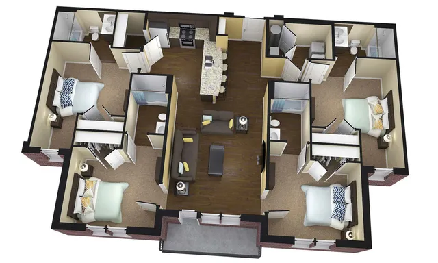 Modern 3D floor plan showcasing 3 bedrooms, an open living area, and a stylish kitchen with a central island.