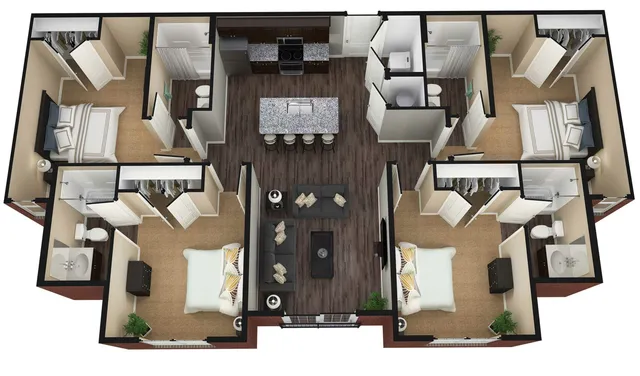 Elegant 3D floor plan featuring 3 bedrooms, spacious living area, modern open kitchen with island, and cozy bathrooms.