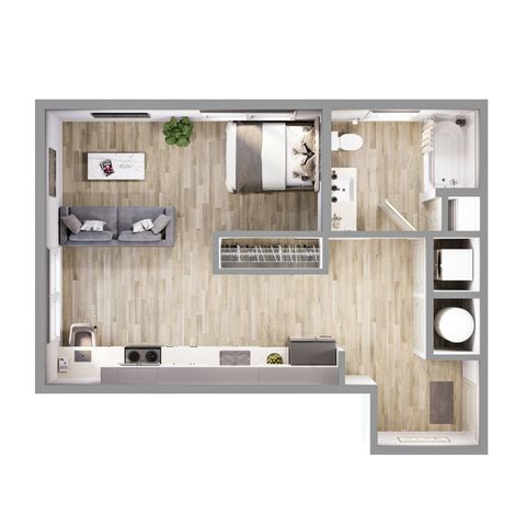 Modern 1-bedroom apartment floor plan featuring a sleek open-concept living area, contemporary kitchen, and elegant bathroom design.