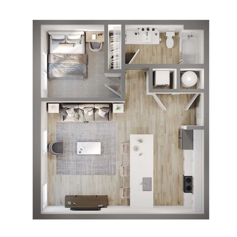 Modern 1-bedroom apartment floor plan showcasing an open-concept living area, chic kitchen, and sleek bathroom design.