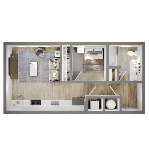 Modern 2D floor plan featuring a cozy bedroom, sleek kitchen, inviting living area, and a stylish bathroom layout.