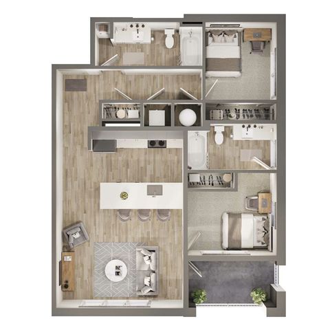 Modern 2D floor plan showcasing 2 bedrooms, open-concept kitchen and living area, and 2 bathrooms with a balcony.