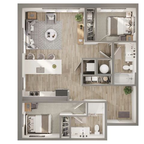 Modern floor plan showcasing two bedrooms, a sleek kitchen with a breakfast bar, and an open-concept living area with stylish decor.