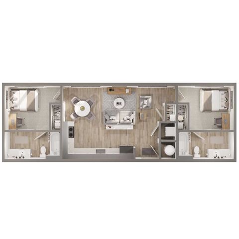 Elegant floor plan featuring two spacious bedrooms, contemporary open-concept living and dining area, and two modern bathrooms.