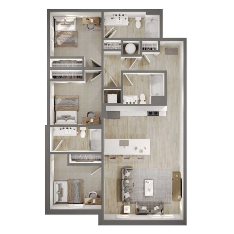 Modern 3-bedroom apartment floor plan with sleek open-concept kitchen, cozy living area, and elegant bathrooms.