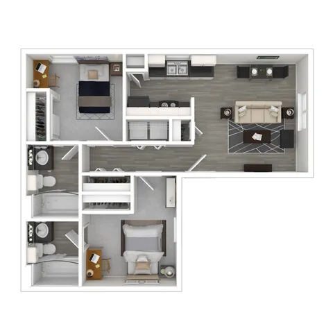 Modern L-shaped floor plan featuring two bedrooms, open living area, and sleek kitchen with ample storage.