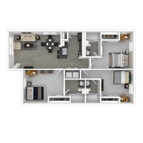 Modern 3D floor plan showcasing 3 bedrooms, open living and dining area, and sleek kitchen with contemporary design.