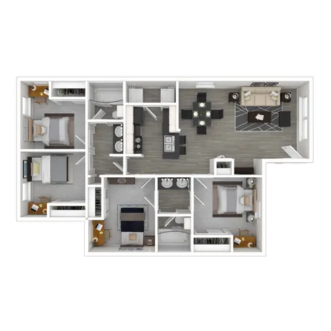 Modern 3-bedroom apartment floor plan with two bathrooms, open kitchen, dining area, and cozy living room.