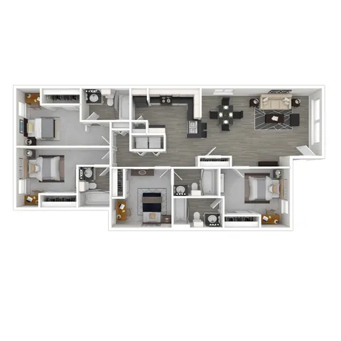Spacious floor plan featuring three elegant bedrooms, a modern kitchen, and an inviting open-concept living and dining area.