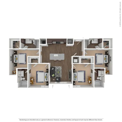 Spacious 3D floor plan showcasing a modern three-bedroom apartment with two bathrooms, a stylish open-concept living area, and a sleek kitchen with an island.