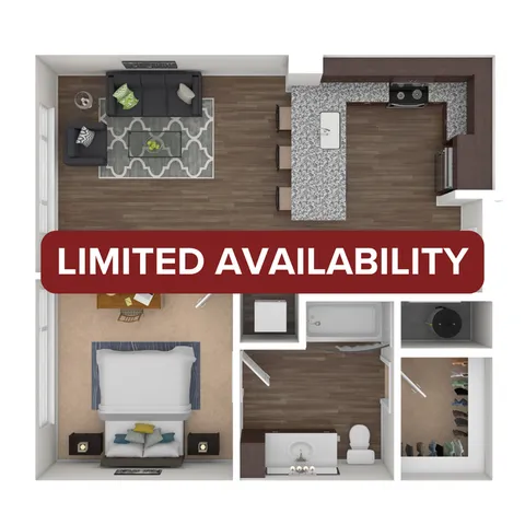 Chic 1-bedroom apartment floor plan featuring open-concept living area and modern kitchen with limited availability.