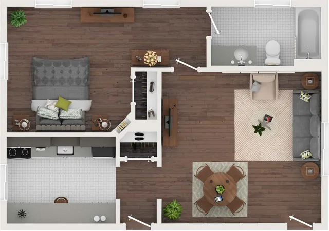 Chic apartment floor plan showcasing a cozy bedroom, luxurious bathroom, open-concept living and dining area with stylish furnishings, and a modern kitchen with sleek countertops.