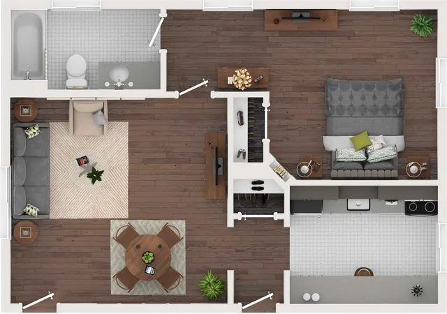 Cozy floor plan with open living area, charming bedroom, stylish kitchen, and elegant bathroom.